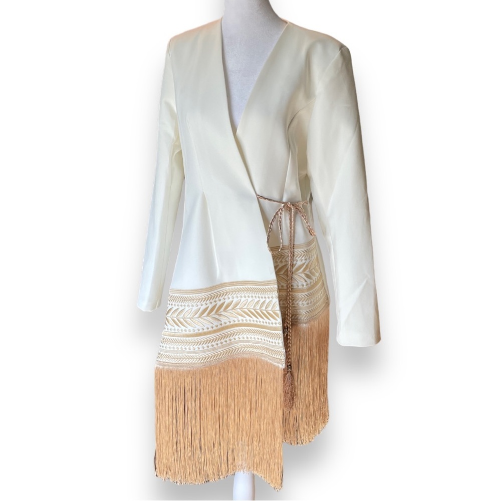 TWO TWIN STYLE White Geometric Embroidered Fringe Blazer Dress Size Lareg - Picture 2 of 15